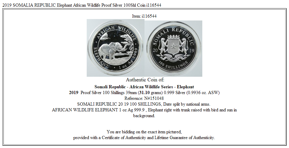 2019 SOMALIA REPUBLIC Elephant African Wildlife Proof Silver 100Shl Coin i116544