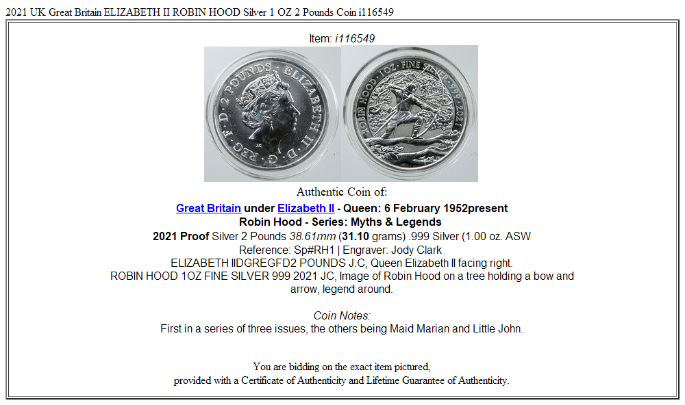 2021 UK Great Britain ELIZABETH II ROBIN HOOD Silver 1 OZ 2 Pounds Coin i116549