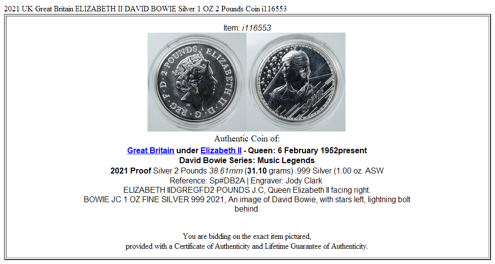 2021 UK Great Britain ELIZABETH II DAVID BOWIE Silver 1 OZ 2 Pounds Coin i116553