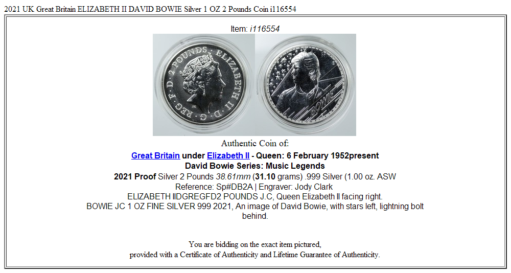 2021 UK Great Britain ELIZABETH II DAVID BOWIE Silver 1 OZ 2 Pounds Coin i116554