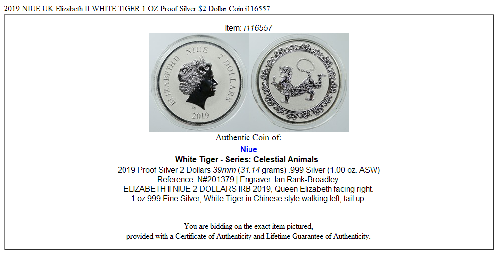 2019 NIUE UK Elizabeth II WHITE TIGER 1 OZ Proof Silver $2 Dollar Coin i116557