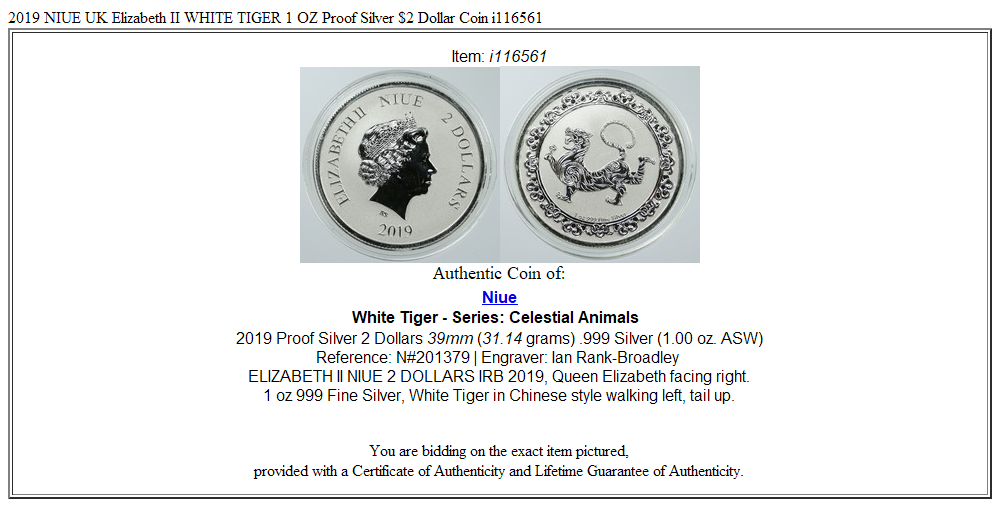 2019 NIUE UK Elizabeth II WHITE TIGER 1 OZ Proof Silver $2 Dollar Coin i116561