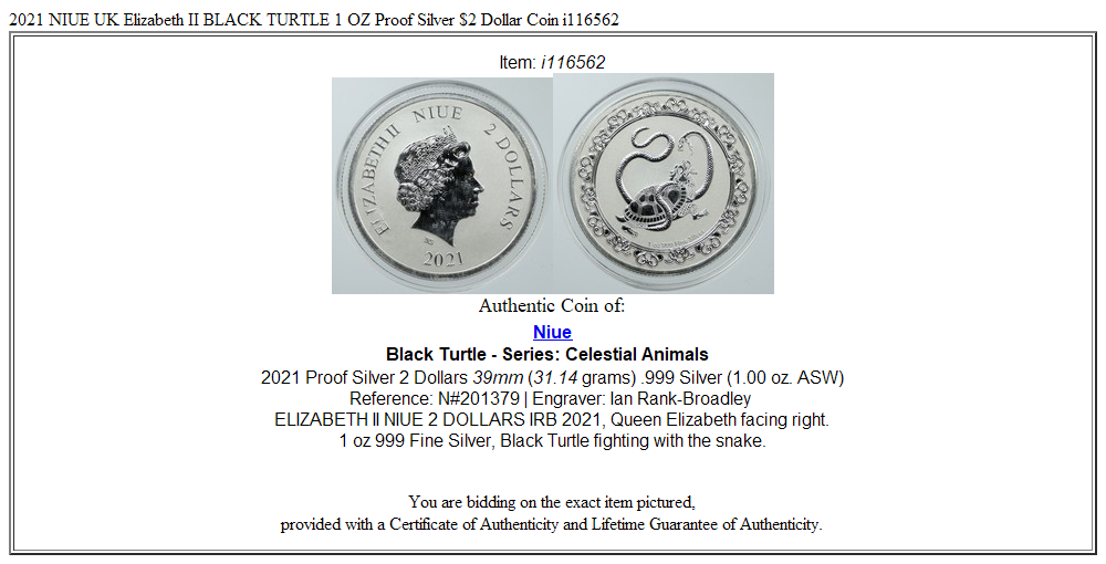 2021 NIUE UK Elizabeth II BLACK TURTLE 1 OZ Proof Silver $2 Dollar Coin i116562