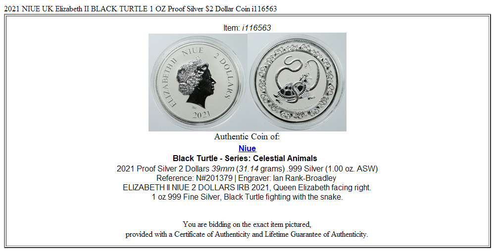 2021 NIUE UK Elizabeth II BLACK TURTLE 1 OZ Proof Silver $2 Dollar Coin i116563