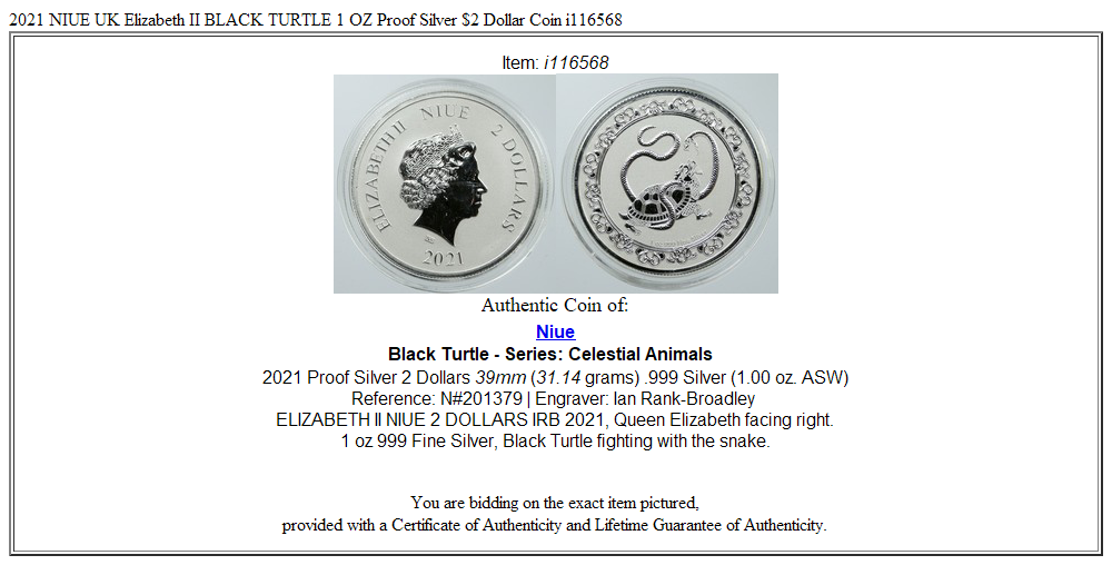 2021 NIUE UK Elizabeth II BLACK TURTLE 1 OZ Proof Silver $2 Dollar Coin i116568