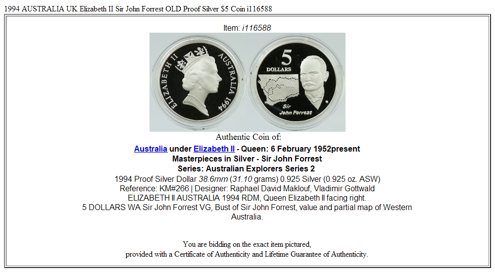 1994 AUSTRALIA UK Elizabeth II Sir John Forrest OLD Proof Silver $5 Coin i116588