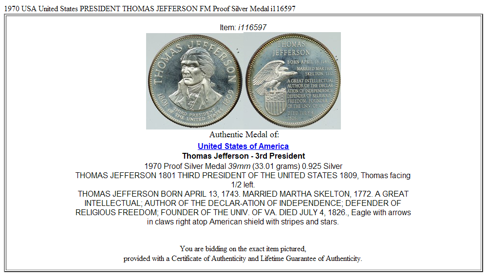 1970 USA United States PRESIDENT THOMAS JEFFERSON FM Proof Silver Medal i116597