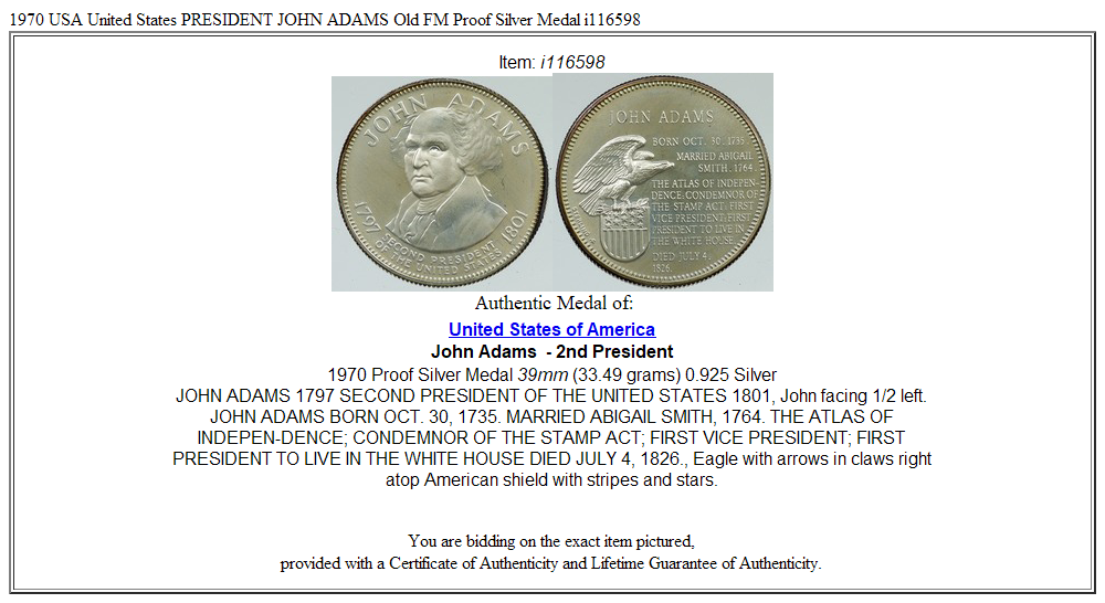 1970 USA United States PRESIDENT JOHN ADAMS Old FM Proof Silver Medal i116598