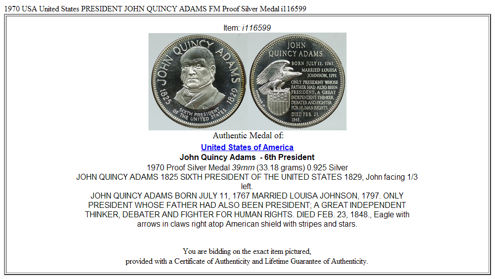 1970 USA United States PRESIDENT JOHN QUINCY ADAMS FM Proof Silver Medal i116599