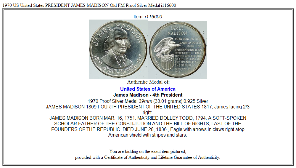 1970 US United States PRESIDENT JAMES MADISON Old FM Proof Silver Medal i116600