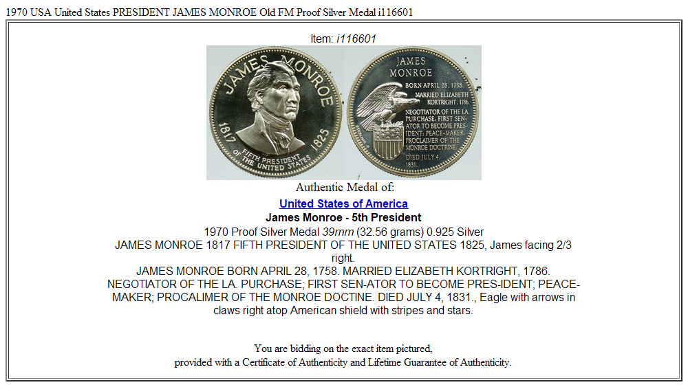 1970 USA United States PRESIDENT JAMES MONROE Old FM Proof Silver Medal i116601