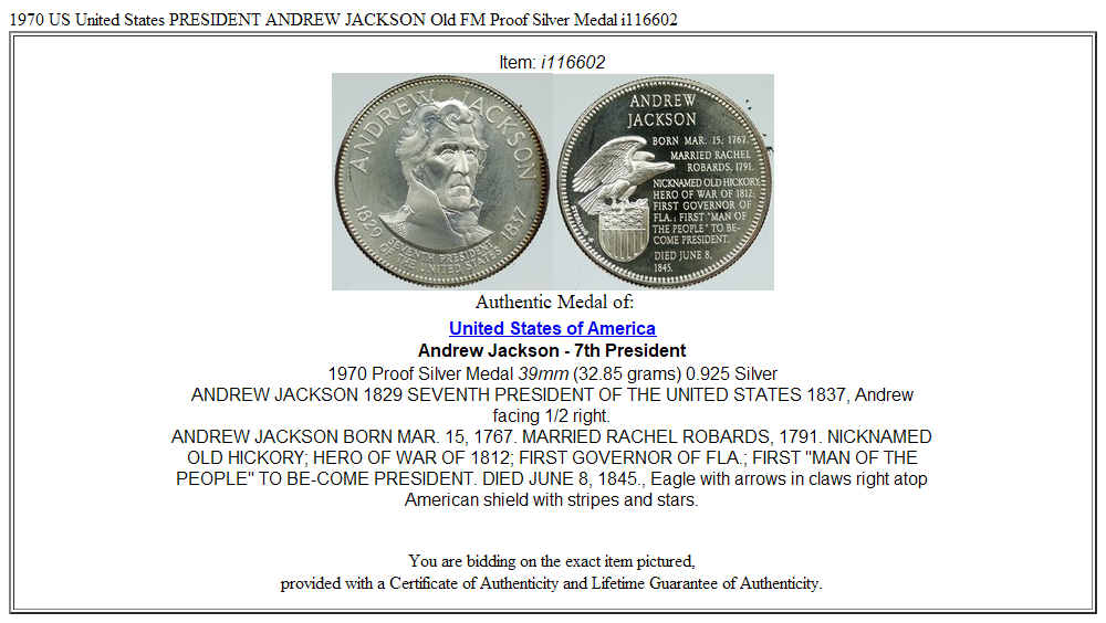 1970 US United States PRESIDENT ANDREW JACKSON Old FM Proof Silver Medal i116602