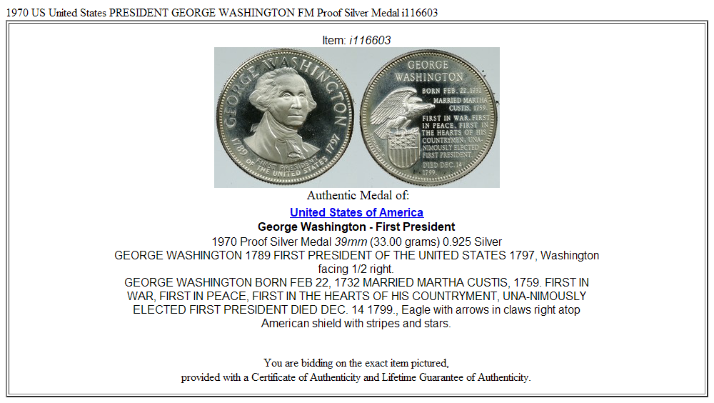 1970 US United States PRESIDENT GEORGE WASHINGTON FM Proof Silver Medal i116603