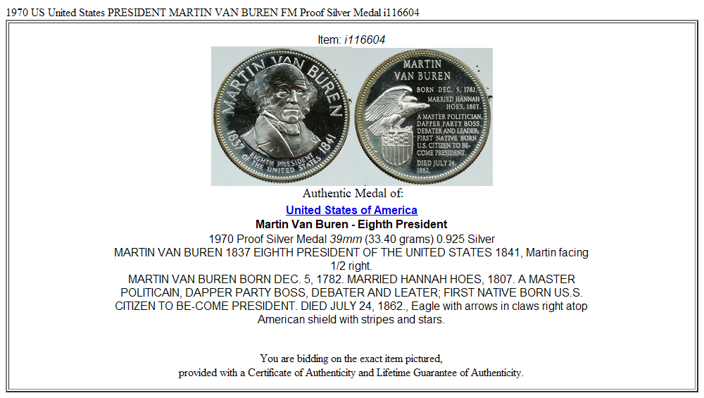 1970 US United States PRESIDENT MARTIN VAN BUREN FM Proof Silver Medal i116604