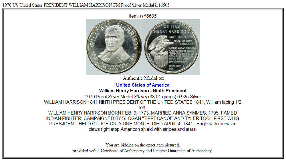 1970 US United States PRESIDENT WILLIAM HARRISON FM Proof Silver Medal i116605