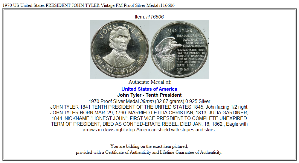 1970 US United States PRESIDENT JOHN TYLER Vintage FM Proof Silver Medal i116606