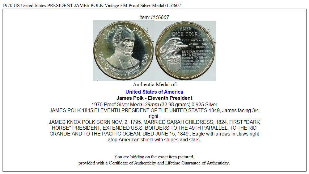 1970 US United States PRESIDENT JAMES POLK Vintage FM Proof Silver Medal i116607