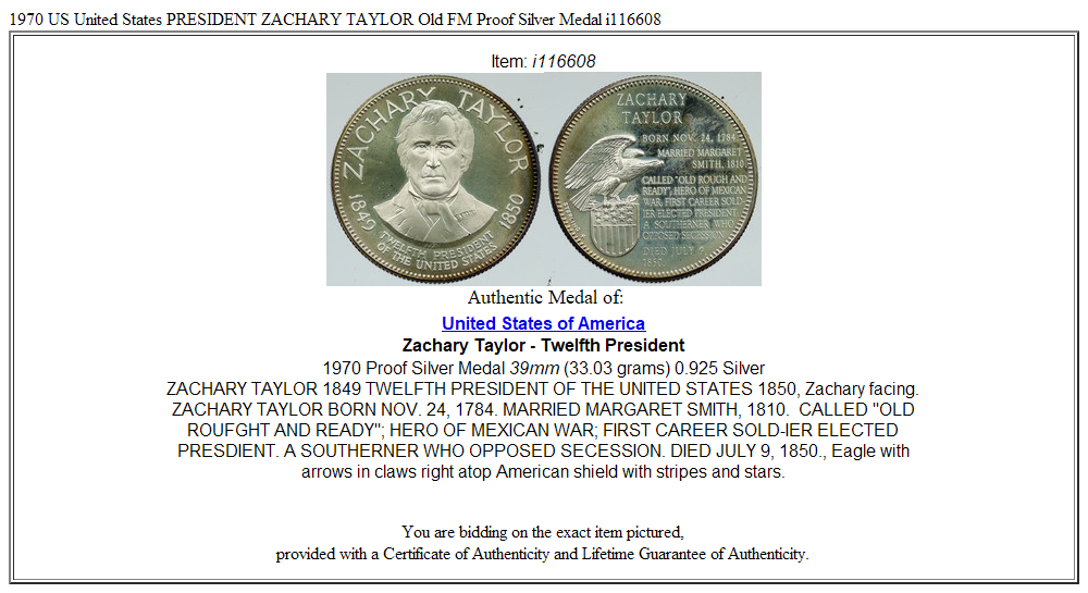 1970 US United States PRESIDENT ZACHARY TAYLOR Old FM Proof Silver Medal i116608