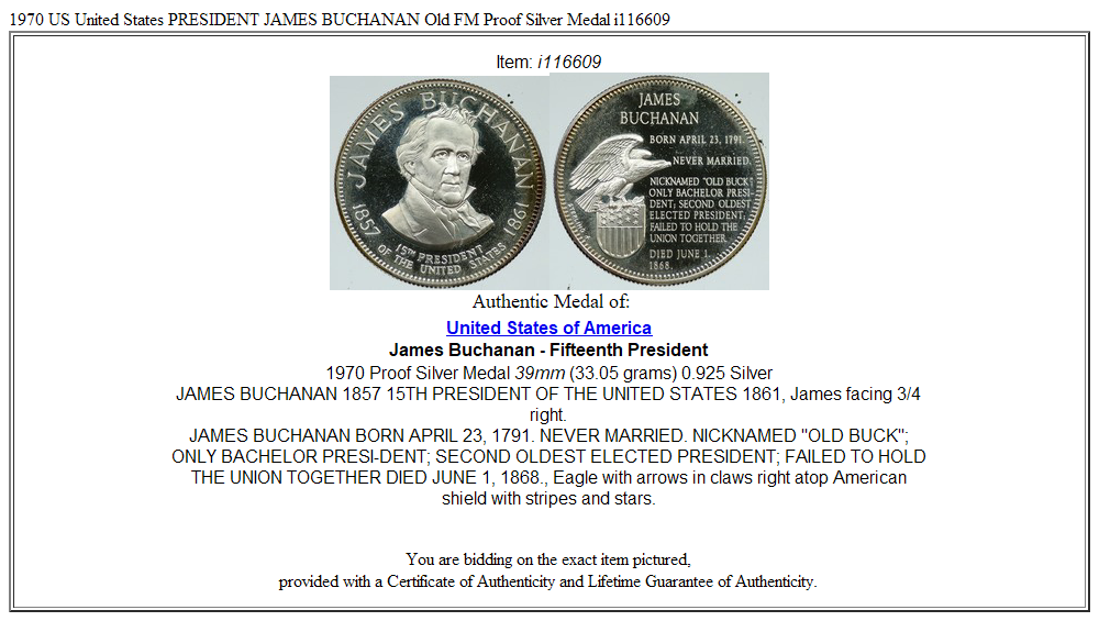 1970 US United States PRESIDENT JAMES BUCHANAN Old FM Proof Silver Medal i116609