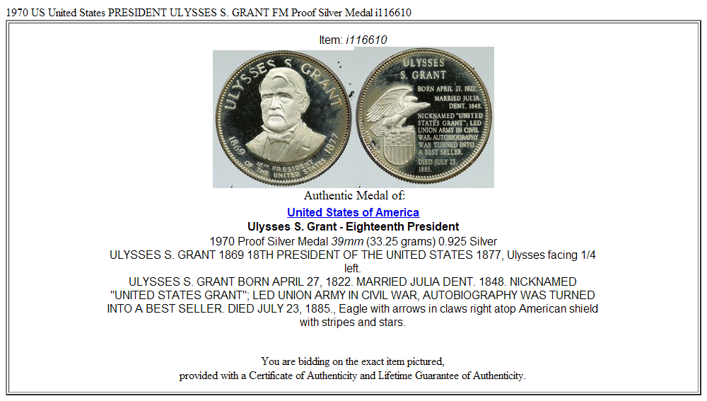 1970 US United States PRESIDENT ULYSSES S. GRANT FM Proof Silver Medal i116610