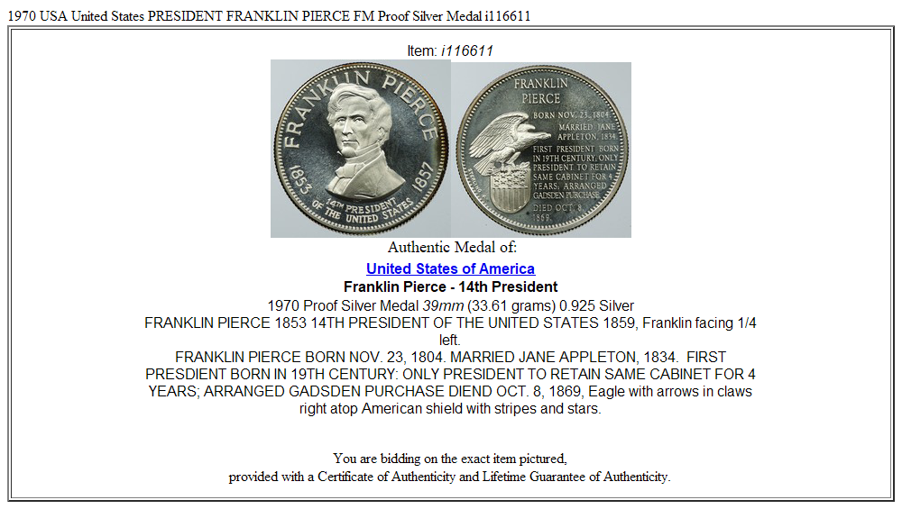 1970 USA United States PRESIDENT FRANKLIN PIERCE FM Proof Silver Medal i116611