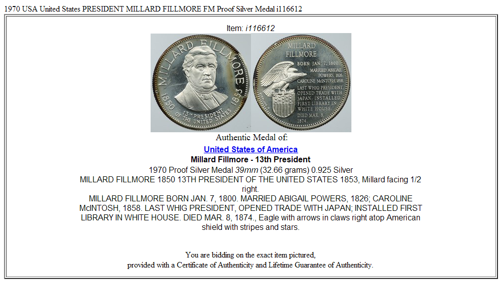 1970 USA United States PRESIDENT MILLARD FILLMORE FM Proof Silver Medal i116612