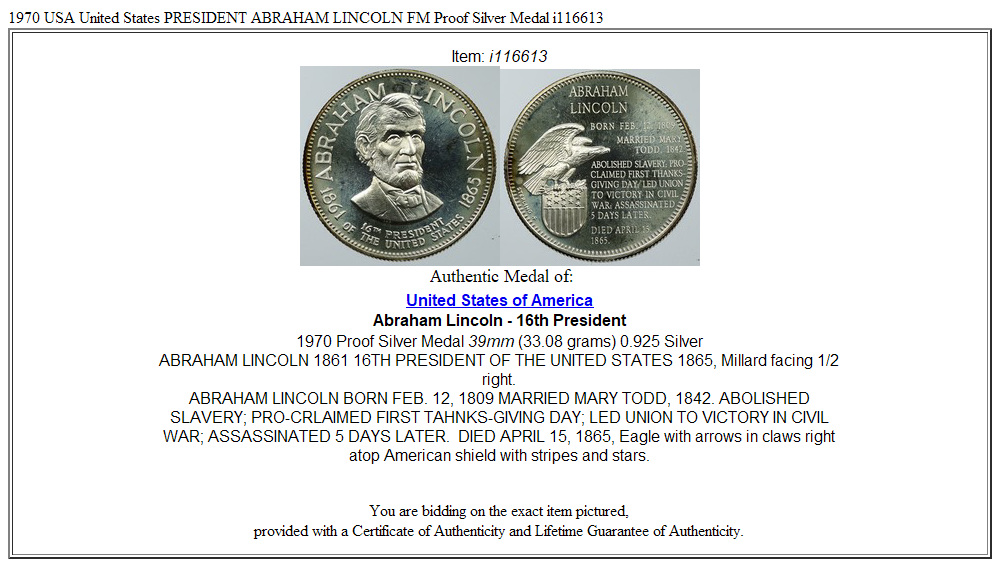 1970 USA United States PRESIDENT ABRAHAM LINCOLN FM Proof Silver Medal i116613