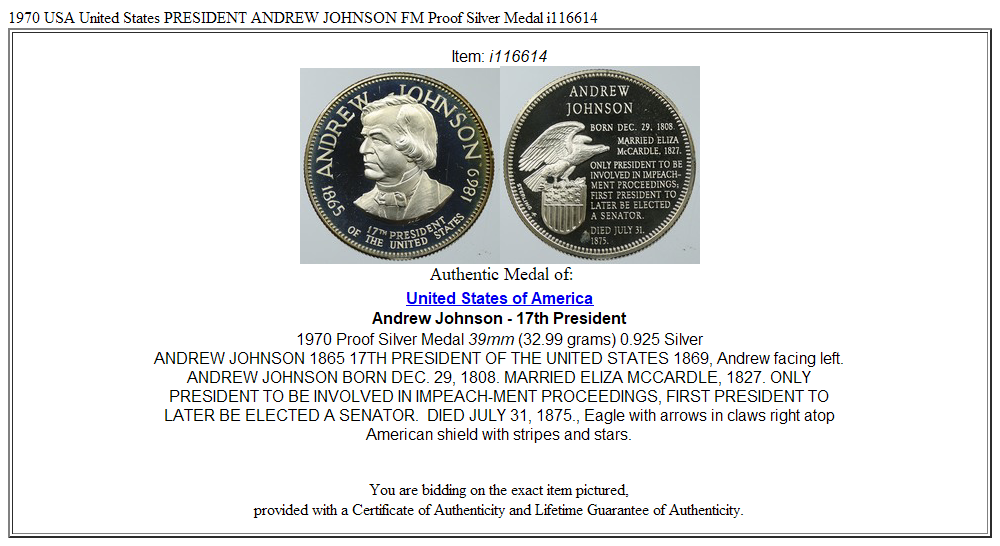 1970 USA United States PRESIDENT ANDREW JOHNSON FM Proof Silver Medal i116614