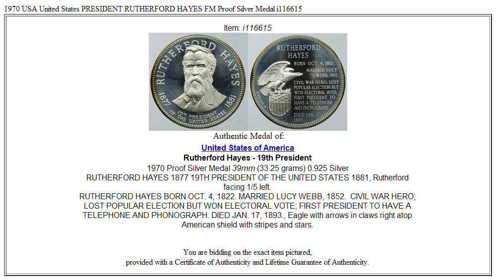 1970 USA United States PRESIDENT RUTHERFORD HAYES FM Proof Silver Medal i116615