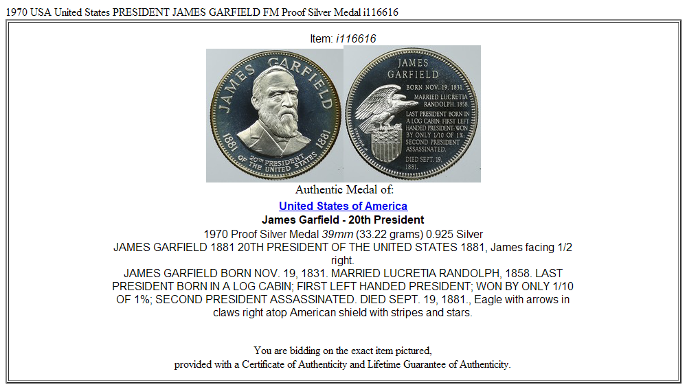 1970 USA United States PRESIDENT JAMES GARFIELD FM Proof Silver Medal i116616