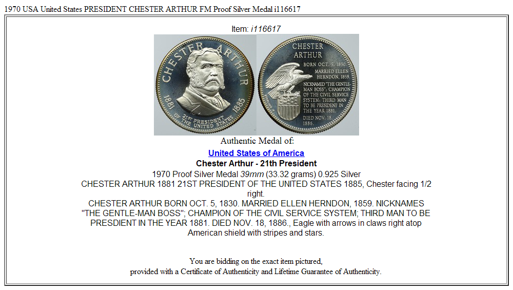 1970 USA United States PRESIDENT CHESTER ARTHUR FM Proof Silver Medal i116617