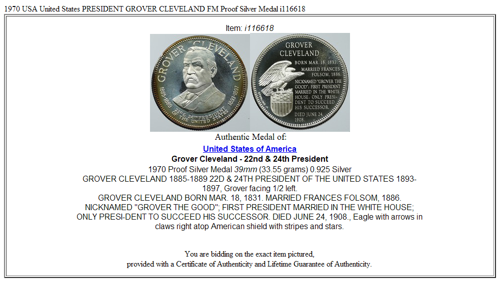 1970 USA United States PRESIDENT GROVER CLEVELAND FM Proof Silver Medal i116618