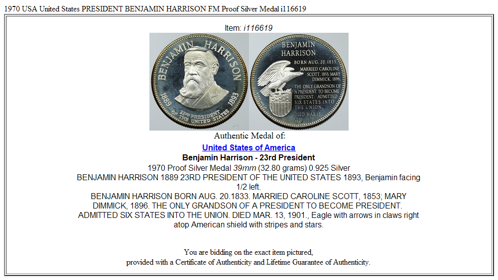 1970 USA United States PRESIDENT BENJAMIN HARRISON FM Proof Silver Medal i116619