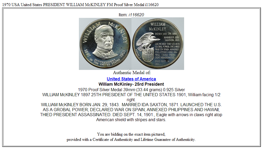 1970 USA United States PRESIDENT WILLIAM McKINLEY FM Proof Silver Medal i116620