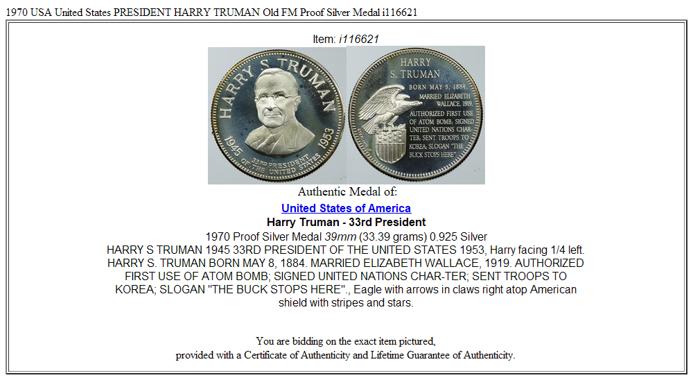 1970 USA United States PRESIDENT HARRY TRUMAN Old FM Proof Silver Medal i116621