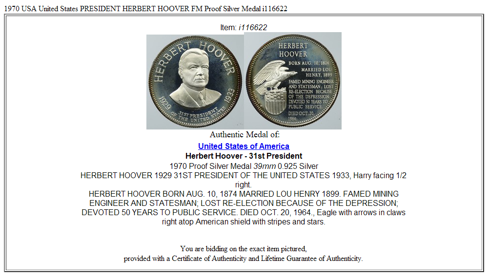 1970 USA United States PRESIDENT HERBERT HOOVER FM Proof Silver Medal i116622