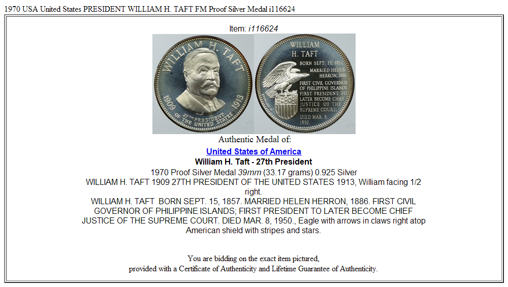 1970 USA United States PRESIDENT WILLIAM H. TAFT FM Proof Silver Medal i116624