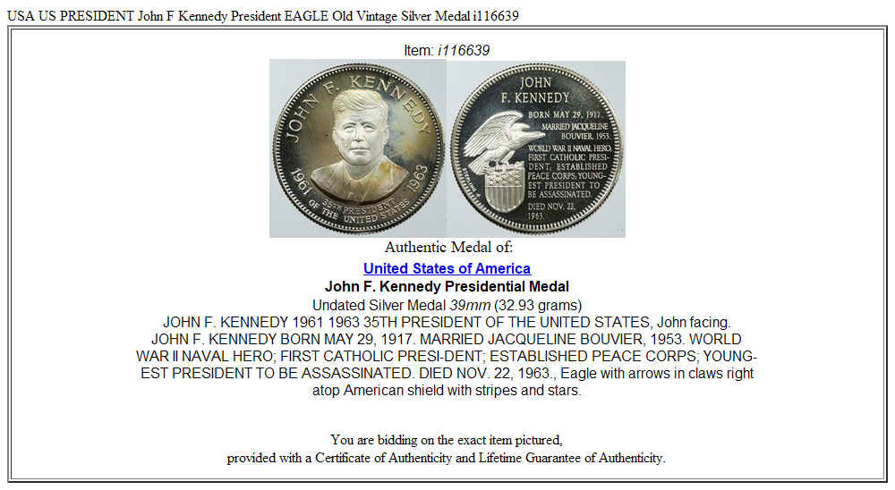 USA US PRESIDENT John F Kennedy President EAGLE Old Vintage Silver Medal i116639