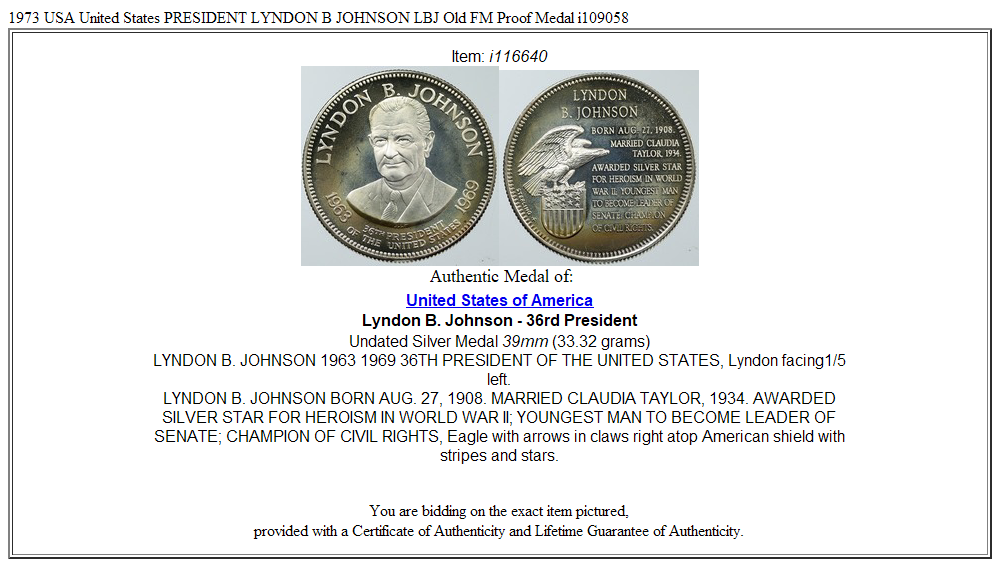 1973 USA United States PRESIDENT LYNDON B JOHNSON LBJ Old FM Proof Medal i109058