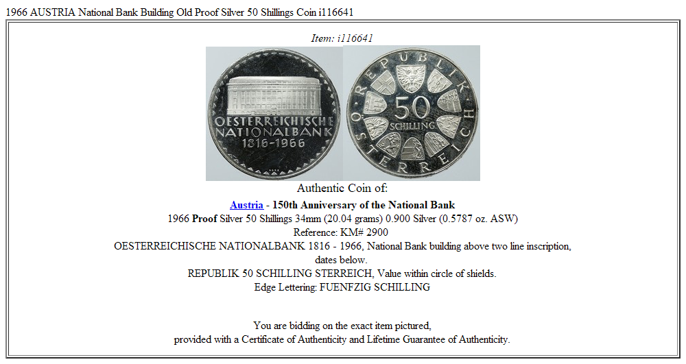 1966 AUSTRIA National Bank Building Old Proof Silver 50 Shillings Coin i116641