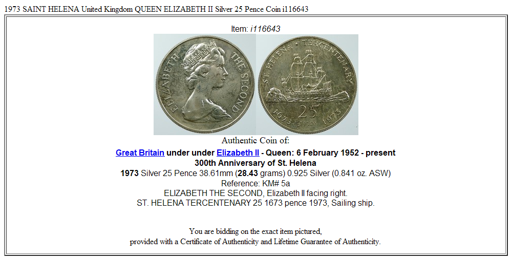 1973 SAINT HELENA United Kingdom QUEEN ELIZABETH II Silver 25 Pence Coin i116643