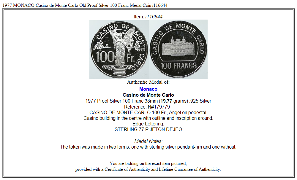 1977 MONACO Casino de Monte Carlo Old Proof Silver 100 Franc Medal Coin i116644