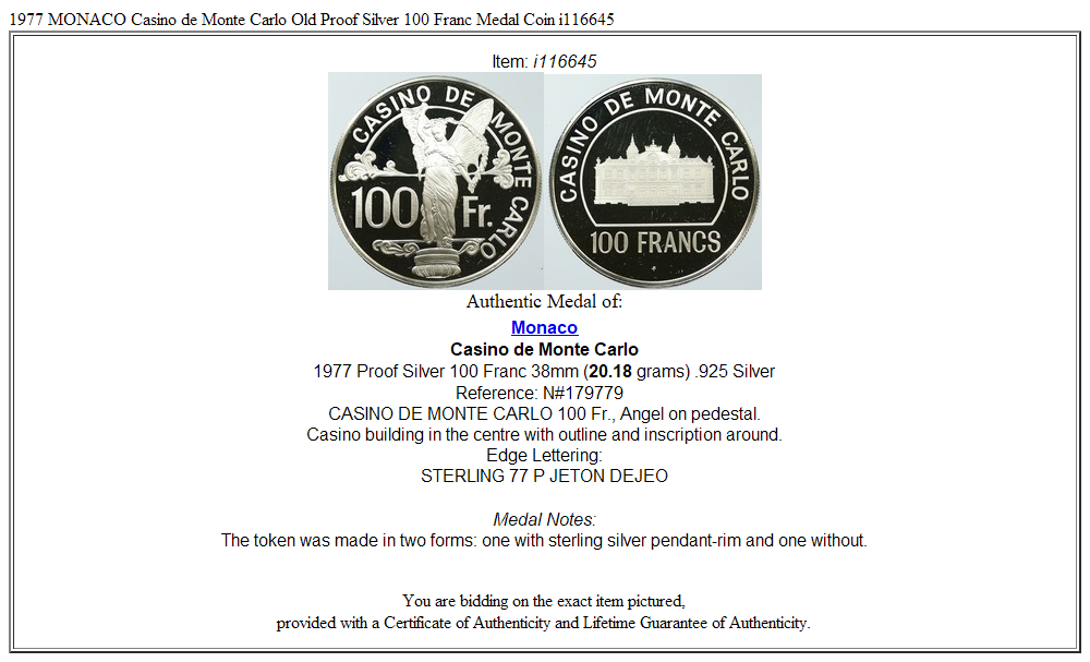 1977 MONACO Casino de Monte Carlo Old Proof Silver 100 Franc Medal Coin i116645