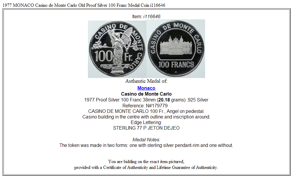 1977 MONACO Casino de Monte Carlo Old Proof Silver 100 Franc Medal Coin i116646