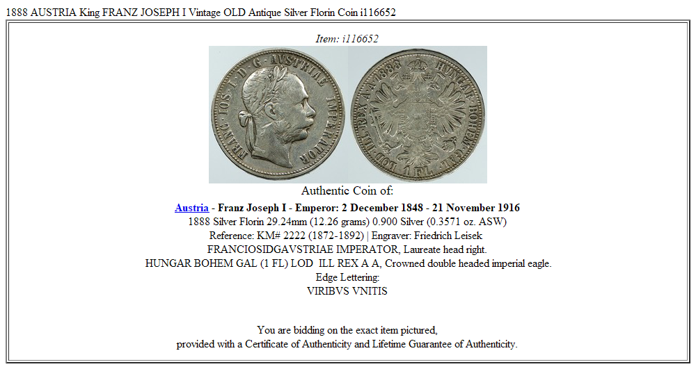 1888 AUSTRIA King FRANZ JOSEPH I Vintage OLD Antique Silver Florin Coin i116652