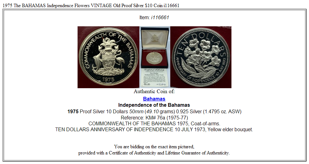 1975 The BAHAMAS Independence Flowers VINTAGE Old Proof Silver $10 Coin i116661