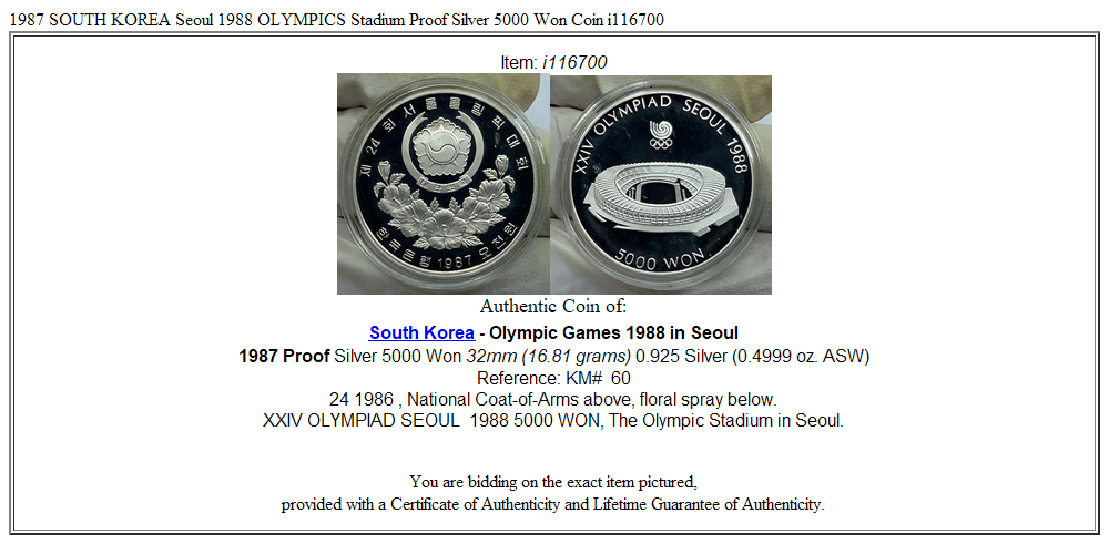 1987 SOUTH KOREA Seoul 1988 OLYMPICS Stadium Proof Silver 5000 Won Coin i116700