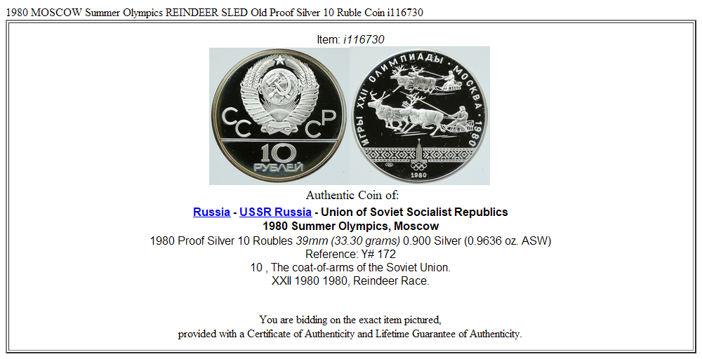 1980 MOSCOW Summer Olympics REINDEER SLED Old Proof Silver 10 Ruble Coin i116730