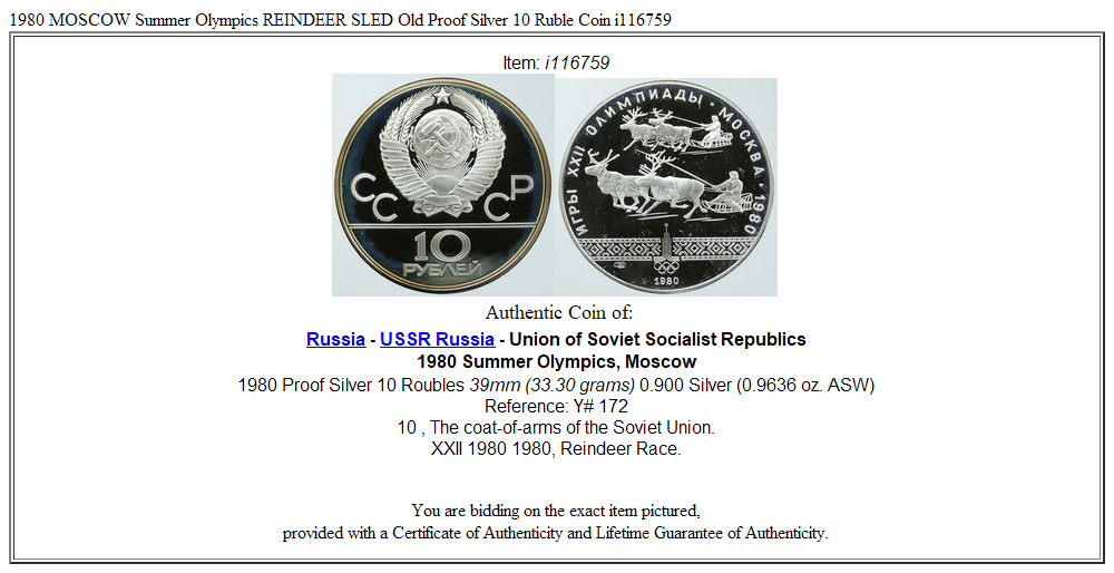 1980 MOSCOW Summer Olympics REINDEER SLED Old Proof Silver 10 Ruble Coin i116759