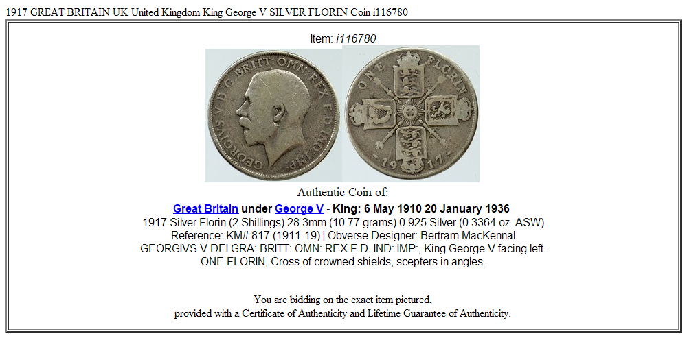 1917 GREAT BRITAIN UK United Kingdom King George V SILVER FLORIN Coin i116780